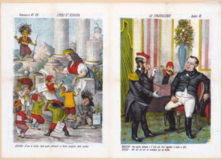1800s Italian Political Cartoon by Agusto Grossi - I figli d'Europa Lo spauracchio ca. 1878