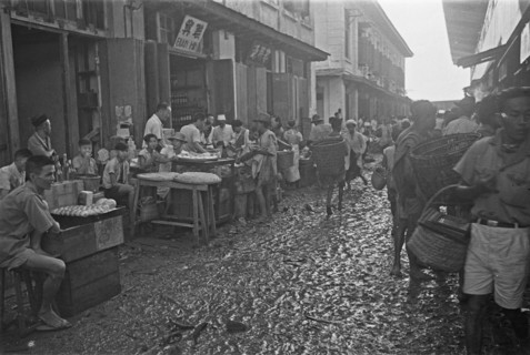 Shopping street in Palembang in Indonesia, Dutch East Indies ca. 1947