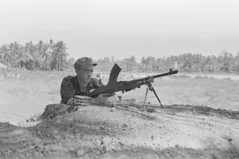 A soldier behind a dropout in Indonesia, Java, Dutch East Indies, Tjileungsir ca. 1946
