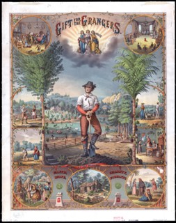 Promotional print for Grange members showing scenes of farming and farm life ca. 1873
