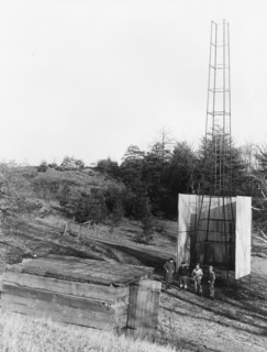 Dr. Robert H. Goddard's tower and shelter at the Army artillery range at Camp Devens, in Ayer, Massachusetts in the winter of 1929-1930. Goddard originally began testing rockets on his aunt's farm in ...