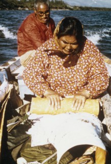 1975 approx - Eskimos from the village of Ambler collecting birch bark for the making of traditional baskets , Kobuk Valley