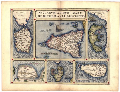 Abraham Ortelius - First World Atlas ca. 1570 - Siclia. Sardinia. Malta olim Melita. Elba olim Ilva, Corfv olim Corcyra. Zerbi