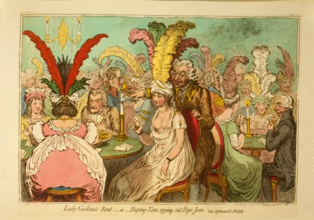 Lady Godina's rout; - or - Peeping-Tom spying out Pope-Joan ca. 1796, James Gillray, engraver