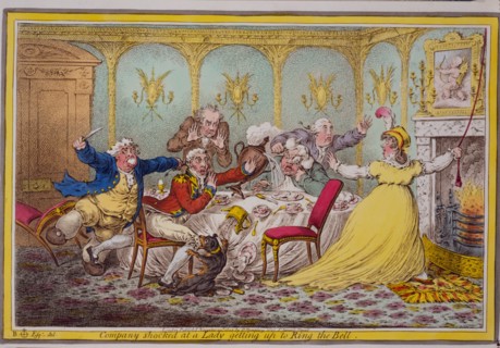 Company shocked at a lady getting up to ring the bell ca. 1805, James Gillray engraver
