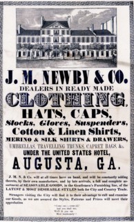 Print shows an advertisement for J.M. Newby & Co., a clothing dealer operating at the United States Hotel in Augusta, Georgia, with view of the hotel and additional text about the goods they offer. ca...