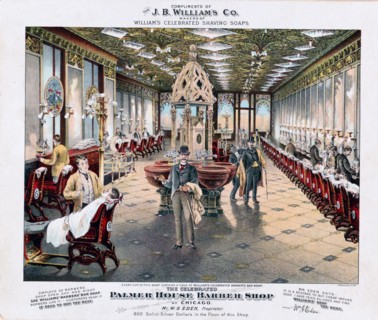 The celebrated Palmer House barber shop at Chicago. ca. 1887