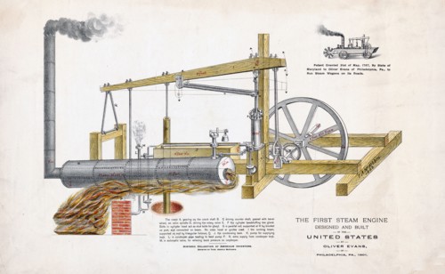 The first steam engine designed and built in the United States, by Oliver Evans, of Philadelphia, Pa., 1801 (printed/published ca. 1893)