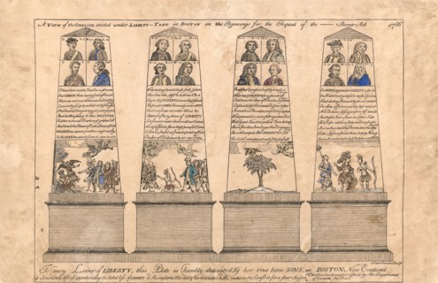 A view of the obelisk erected under Liberty-tree in Boston on the rejoicings for the repeal of the - Stamp Act 1766 (created by Paul Revere)