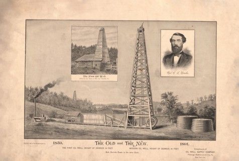 The old and the new., the first oil well..., modern oil well... (possibly printed 1891)