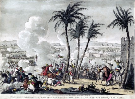 Historical lithograph - Napoleon defeating the Mamelukes, at the battle of the pyramids, near Cairo - ca. 1823