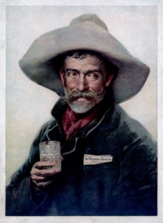 Tradecard for Wiedemann Beer: old cowboy holding glass of Wiedemann's