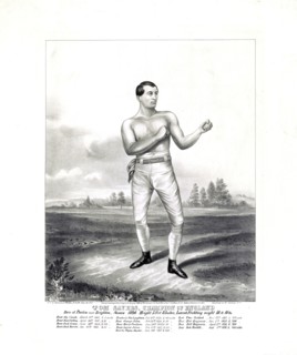 Tom Sayers, champion of England born at Pimlico near Brighton, Sussex 1826, height 5 ft. 8 inches, lowest feichting weight 10 st. 10 lbs ca. 1860