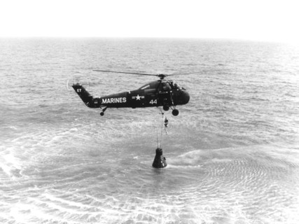 (5 May 1961) Astronaut Alan B. Shepard Jr. is rescued by a U.S. Marine helicopter at the termination of his suborbital flight May 5, 1961, down range from the Florida eastern coast.