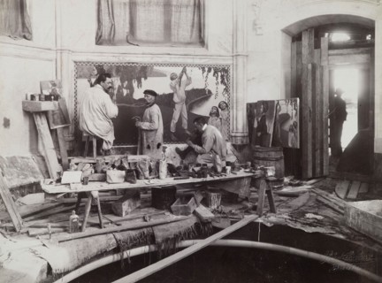 Axel Gallén and his assistants painting the fresco Spring