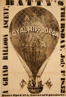 A grand balloon ascent, Batty's, Thursday, July 1st, 1852 - three men and a woman holding flags while sitting in the basket of an ascending balloon labeled Royal Hippodro