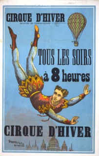Cirque d'hiver ... Tous les soirs,à 8 heures Stafford & Co., Nottingham. - French poster shows an aerialist floating w arms outstretched above a city skyline 1880-1900