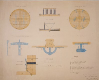Details d'une soupape pour un ballon de 5 a 8,000 m. cubes Charles Chavoutier, aèronaute, Paris, le 24 octobre 1868.- drawing of balloon valve shows 9 captioned views of
