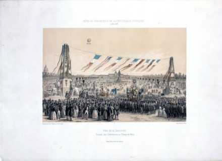 distant balloon ascending above the Champ de Mars in Paris, France, on May 21, 1848, in a ceremony commemorating the French Republic. -Fête de la Concorde, arrivée des co