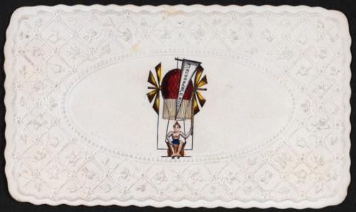 Embossed card shows balloon labelled rien d'impossible ascending with passenger 1860-1900