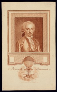 Head-and-shoulders portrait of French balloonist Jean-Pierre Blanchard. Includes image of Blanchard's balloon demonstrating his experiments with balloon navigation