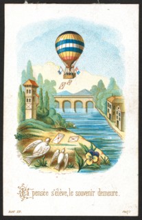La pensée s'élève, le souvenir demeure-balloon flying over a bridge and waterway as letters fall from the balloon basket 1860-1900
