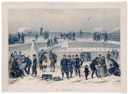military life at French fort, Bastion no. 95, during the Siege of Paris, 1870. A balloon flies over the fort in the distance. ca 1870