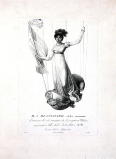 portrait of French balloonist Marie-Madeleine-Sophie Armand Blanchard, standing in the decorated basket of her balloon during her flight in Milan, Italy, in 1811