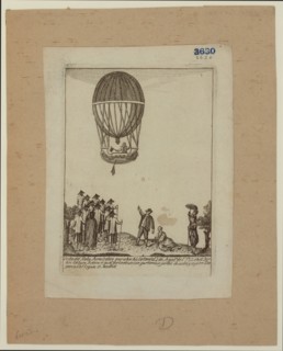 Vincenzo Lunardi riding in the gondola of a balloon ascending from Buon Retiro gardens, Madrid, August 12, 1792; the first balloon ascension in Spain