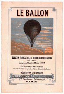 Advertisement for the French aeronautical journal Le ballon shows a balloon carrying two passengers flying in the clouds. Clipping from a book or periodical 1883