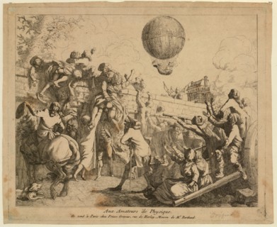 Aux amateurs de physique - French cartoon shows people outside Tuileries Garden wall in Paris to view the first balloon ascension of Jacques Charles + Marie-Noël Robert 1783
