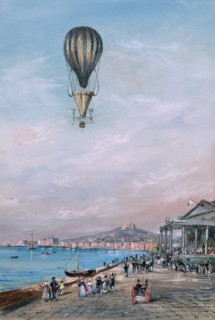 Balloon w parachute and propellers, associated with Francesco Orlandi, flying over a town and harbor possibly during an ascent in Italy between 1820 and 1850