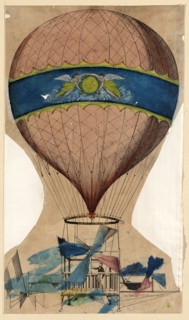 Balloon with open frame wood or metal basket and attached propellers ca 1820-1840