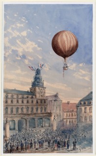 Balloon with two passengers ascending over a town square, with French flags flying from tower and many spectators below