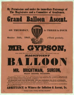 Broadside announcing a balloon ascension by Richard Gypson from Chain Bridge, Spalding, England, 1841.