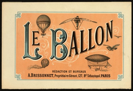 Clipping from an unknown book or magazine advertises the French aeronautical journal Le ballon 1883