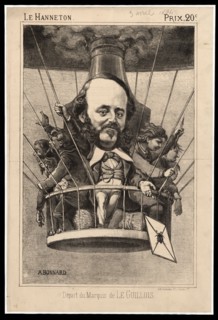Départ du Marquis de le Guillois - French caricature shows the Marquis de le Guillois, possibly the publisher or editor of Le hanneton, departing in a balloon ca 1864