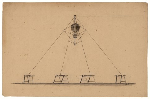 Design drawing for system to raise and lower captive balloon, controlled by four ropes forming a pyramidal shape and operated by winches on the ground below ca 1820-1870