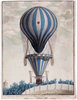Drawing shows balloon associated with Francesco Orlandi, who flew throughout Italy. ca 1828.