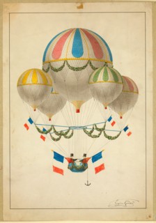Drawing shows balloon carrying two men, possibly associated with French ballonist, Eugène Godard.
