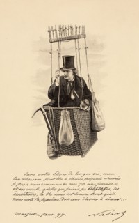 Félix Nadar, half-length portrait, standing in the basket of a balloon, holding binoculars
