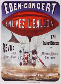 French circus poster shows two performers in the basket of an airship navigated by a rudder and a propeller. The basket bears the date 1884.