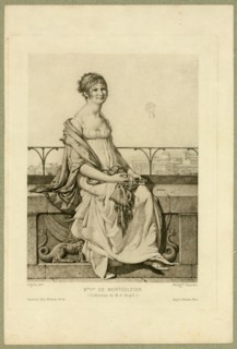 Full-length portrait of Adélaide Montgolfier, seated on a wall with balloons in the background.
