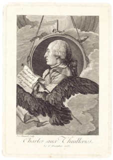 Head-and-shoulders profile portrait of French balloonist J.A.C. Charles, who made the first flight in a hydrogen balloon, Dec. 1, 1783.