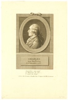 Head-and-shoulders profile portrait of French balloonist J.A.C. Charles, who made the first flight in a hydrogen balloon, Dec. 1, 1783