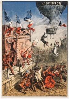 Humorous print shows a theatrical performer on an outdoor stage shooting at a balloon, labeled L'opinion -L'opinion lith Van Geleyn - 1870-1900 ca