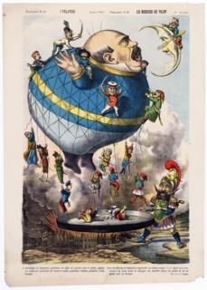 I volatori. Les messieurs qui volent - Italian political cartoon shows a large balloon (Politica) in the shape of a man ready to gobble up the moon 1880