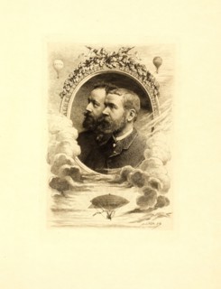 portrait of French balloonists Albert Tissandier (left) and Gaston Tissandier (right) inside an oval, with vignettes above of balloons Zenith and Jean Bart