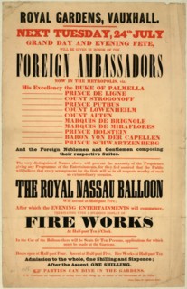 Text-only broadside announcing ascent of Charles Green's balloon The Royal Nassau at the Royal Gardens, Vauxhall, London. ca. 1838