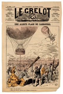 Une alerte, Place du Carrousel - cartoon shows Prince Don Carlos in a heavily armed balloon that has blown off course ca. 1878